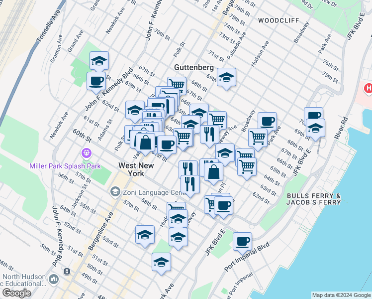map of restaurants, bars, coffee shops, grocery stores, and more near 311 62nd Street in West New York