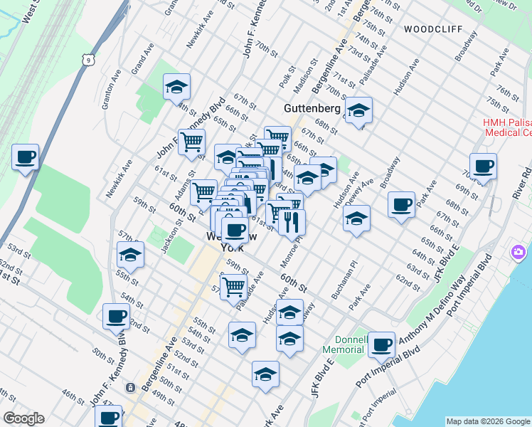 map of restaurants, bars, coffee shops, grocery stores, and more near 429 61st Street in West New York