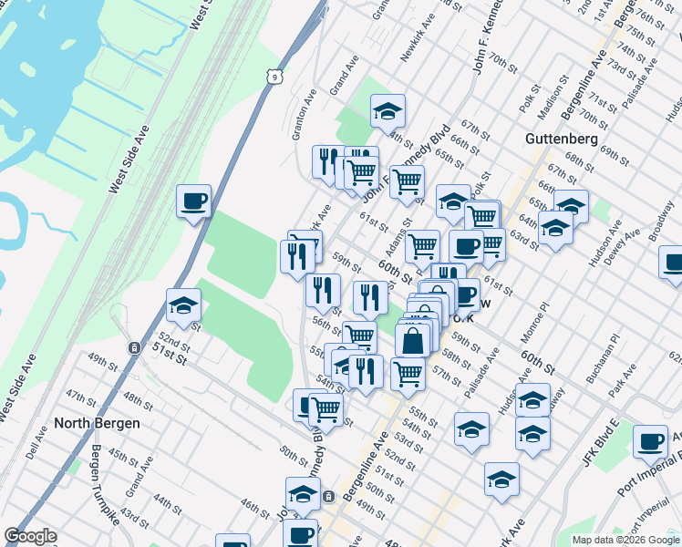 map of restaurants, bars, coffee shops, grocery stores, and more near 5710 Washington Street in West New York