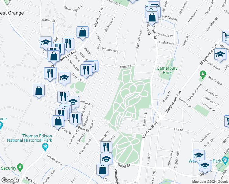map of restaurants, bars, coffee shops, grocery stores, and more near 82 Watchung Avenue in West Orange