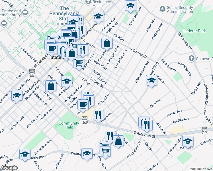 map of restaurants, bars, coffee shops, grocery stores, and more near 804 South Allen Street in State College