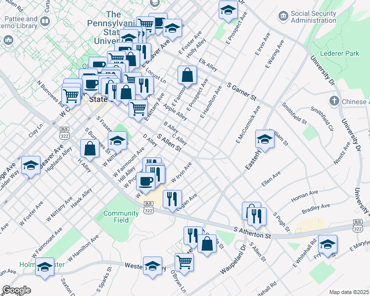 map of restaurants, bars, coffee shops, grocery stores, and more near 804 South Allen Street in State College