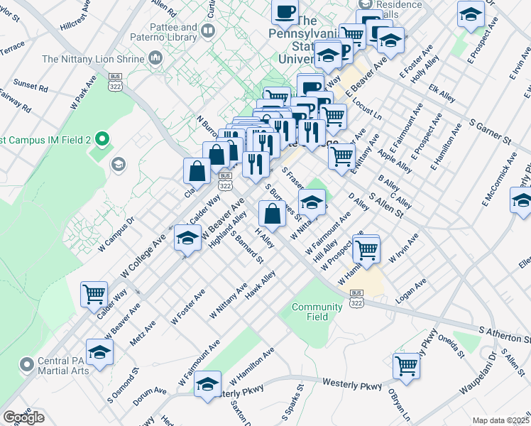 map of restaurants, bars, coffee shops, grocery stores, and more near 301 South Atherton Street in State College