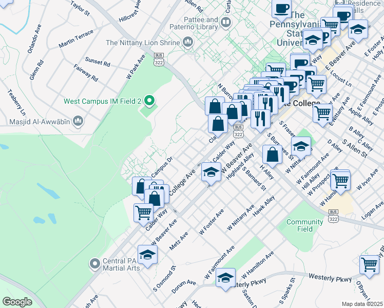 map of restaurants, bars, coffee shops, grocery stores, and more near 622 West College Avenue in State College