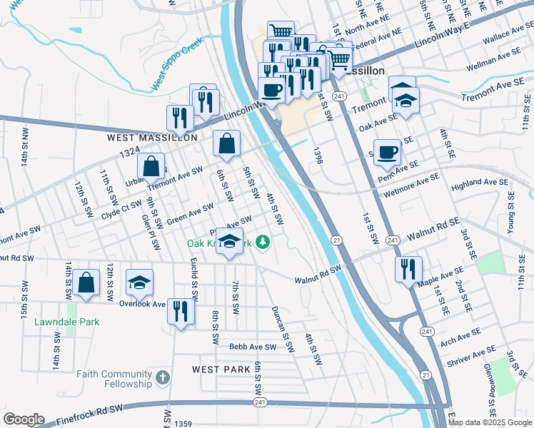 map of restaurants, bars, coffee shops, grocery stores, and more near 408 Perry Avenue Southwest in Massillon