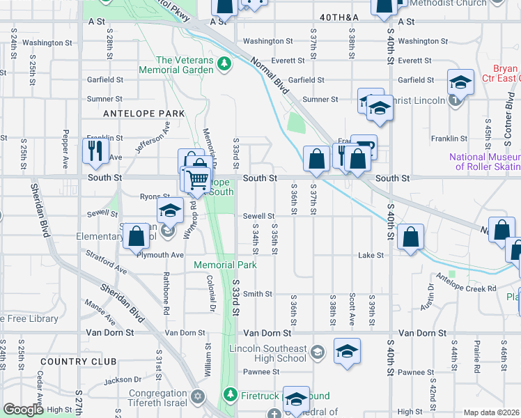 map of restaurants, bars, coffee shops, grocery stores, and more near 2315 South 34th Street in Lincoln