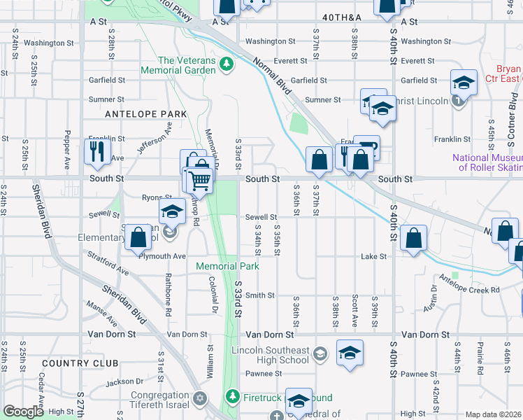 map of restaurants, bars, coffee shops, grocery stores, and more near 2315 South 34th Street in Lincoln