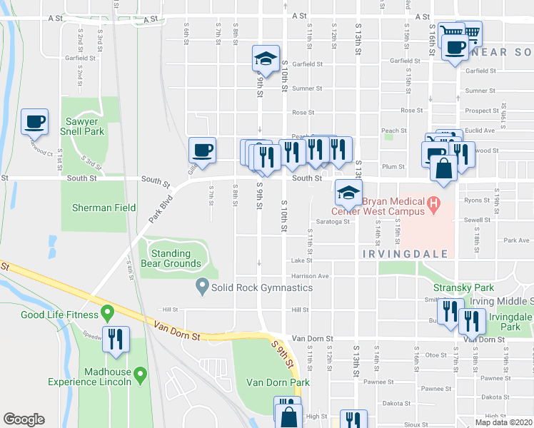map of restaurants, bars, coffee shops, grocery stores, and more near 924 Park Avenue in Lincoln