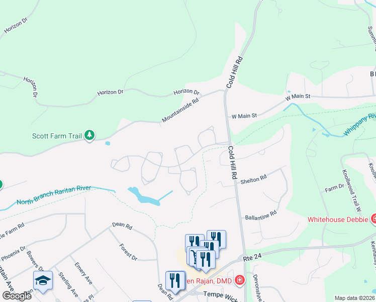 map of restaurants, bars, coffee shops, grocery stores, and more near 1 Pembroke Drive in Mendham