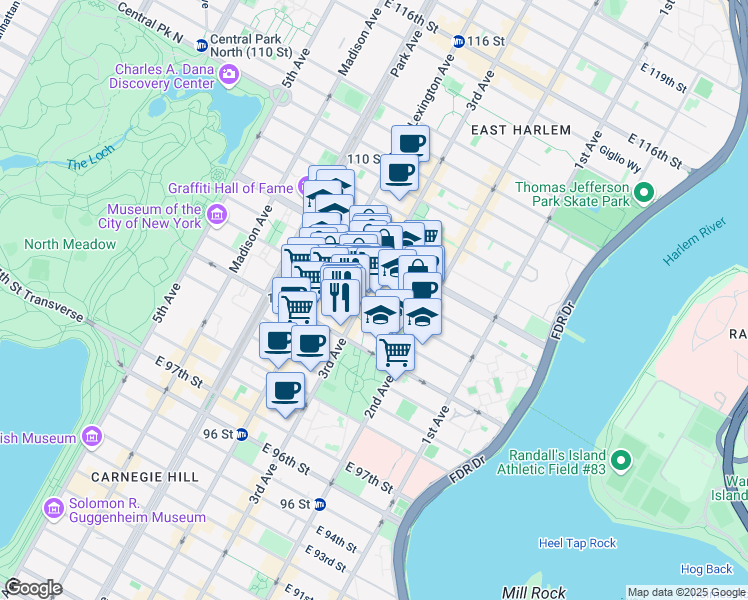 map of restaurants, bars, coffee shops, grocery stores, and more near 201 East 104th Street in New York
