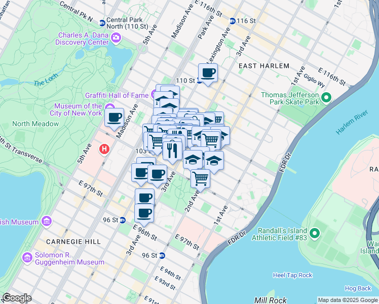 map of restaurants, bars, coffee shops, grocery stores, and more near 201 East 104th Street in New York