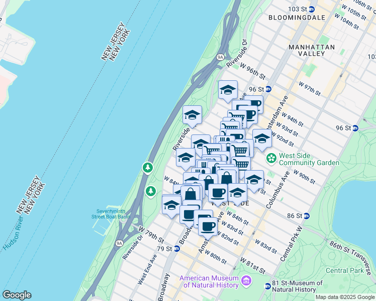 map of restaurants, bars, coffee shops, grocery stores, and more near 338 West 87th Street in New York