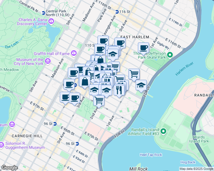 map of restaurants, bars, coffee shops, grocery stores, and more near 306 East 105th Street in New York