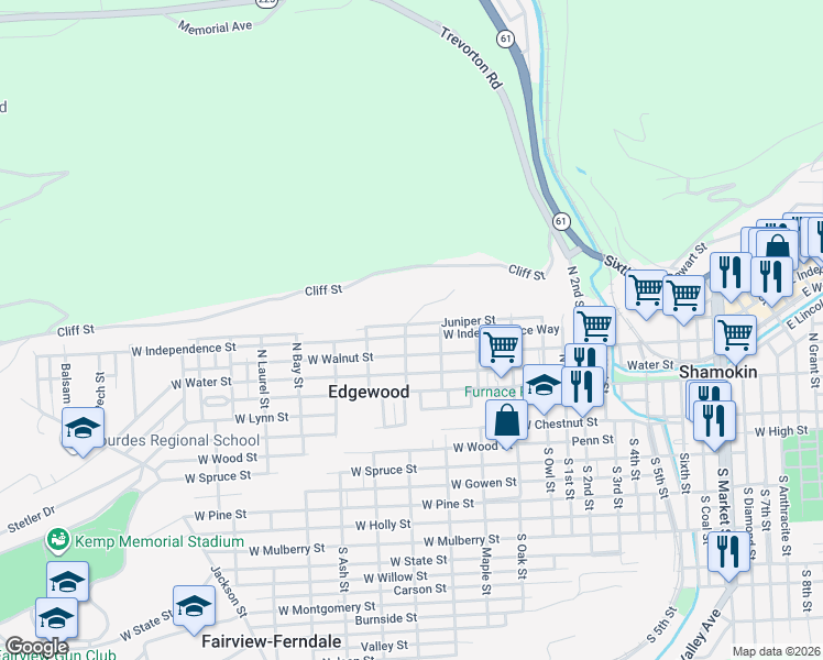map of restaurants, bars, coffee shops, grocery stores, and more near 1100-1198 W Walnut St in Township of Coal