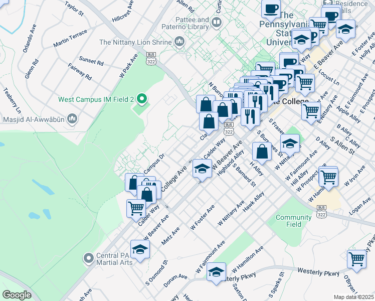map of restaurants, bars, coffee shops, grocery stores, and more near 122 North Gill Street in State College