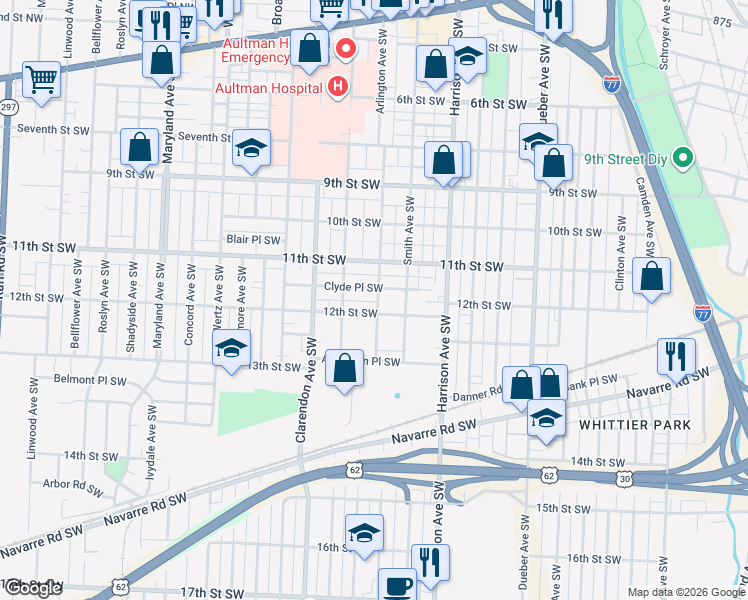 map of restaurants, bars, coffee shops, grocery stores, and more near 1143 Arlington Avenue Southwest in Canton