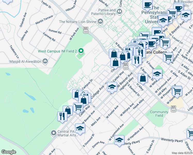 map of restaurants, bars, coffee shops, grocery stores, and more near 6 Railroad Avenue in State College