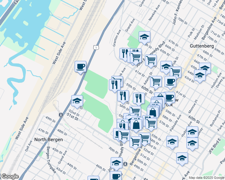 map of restaurants, bars, coffee shops, grocery stores, and more near in Hudson County