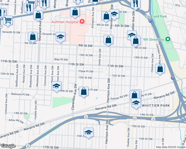 map of restaurants, bars, coffee shops, grocery stores, and more near 1142 Arlington Avenue Southwest in Canton