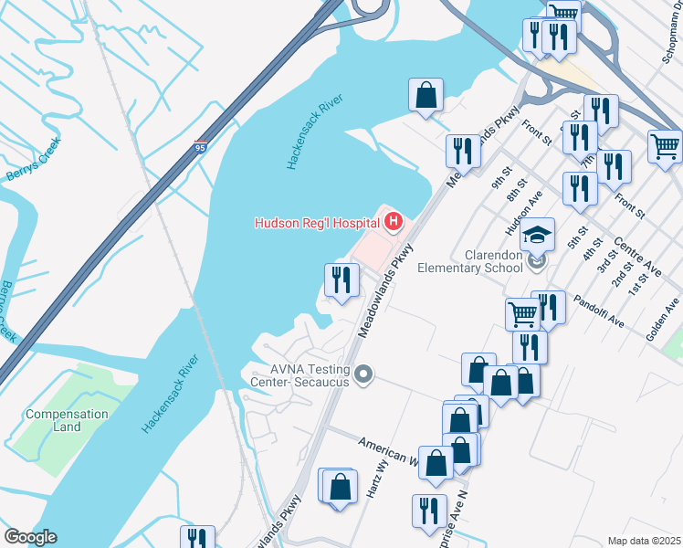 map of restaurants, bars, coffee shops, grocery stores, and more near Harbor Key Road in Secaucus