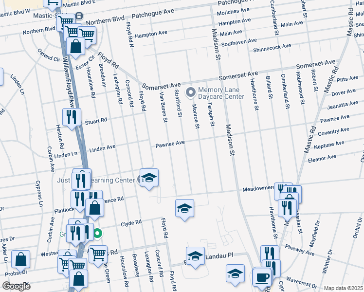 map of restaurants, bars, coffee shops, grocery stores, and more near 55 Strafford Street in Mastic
