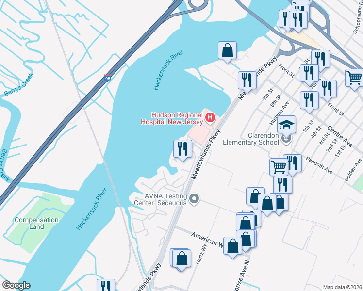 map of restaurants, bars, coffee shops, grocery stores, and more near 82 Harbor Ky in Secaucus