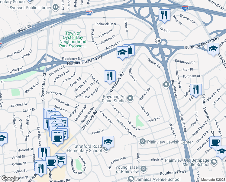 map of restaurants, bars, coffee shops, grocery stores, and more near 5 Phipps Lane in Plainview