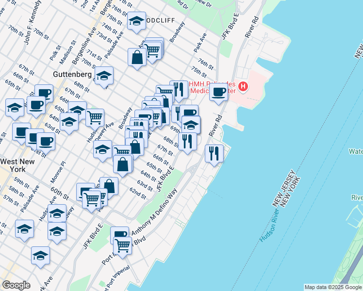 map of restaurants, bars, coffee shops, grocery stores, and more near 7000 Boulevard East in Guttenberg