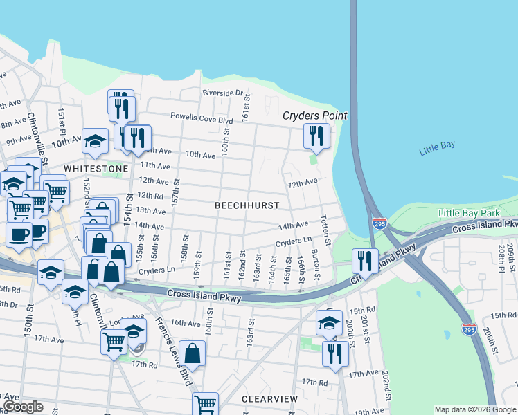 map of restaurants, bars, coffee shops, grocery stores, and more near 13-03 162nd Street in Queens