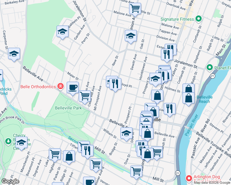 map of restaurants, bars, coffee shops, grocery stores, and more near 161 Union Avenue in Belleville