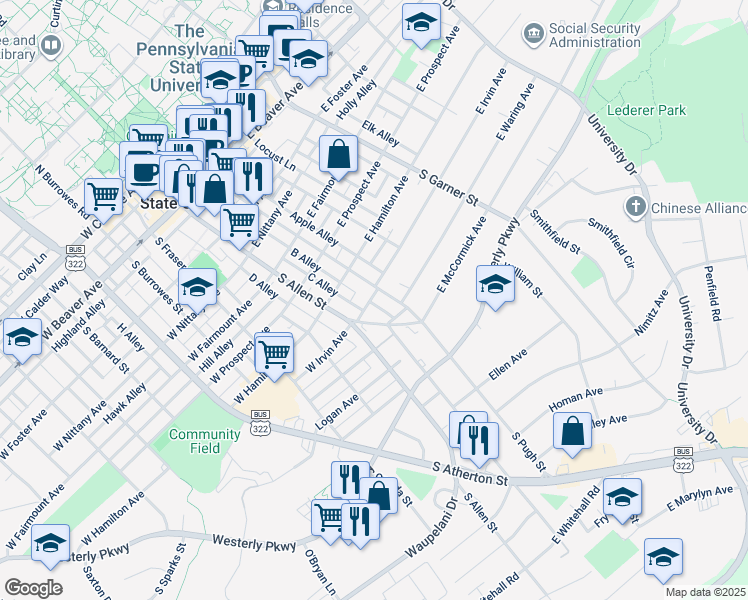 map of restaurants, bars, coffee shops, grocery stores, and more near 128 East Irvin Avenue in State College