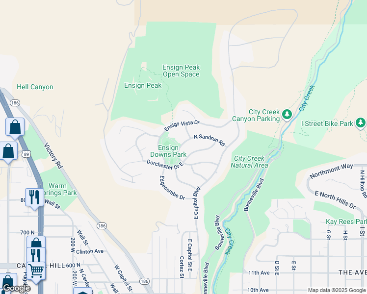 map of restaurants, bars, coffee shops, grocery stores, and more near 152 North Sandrun Road in Salt Lake City