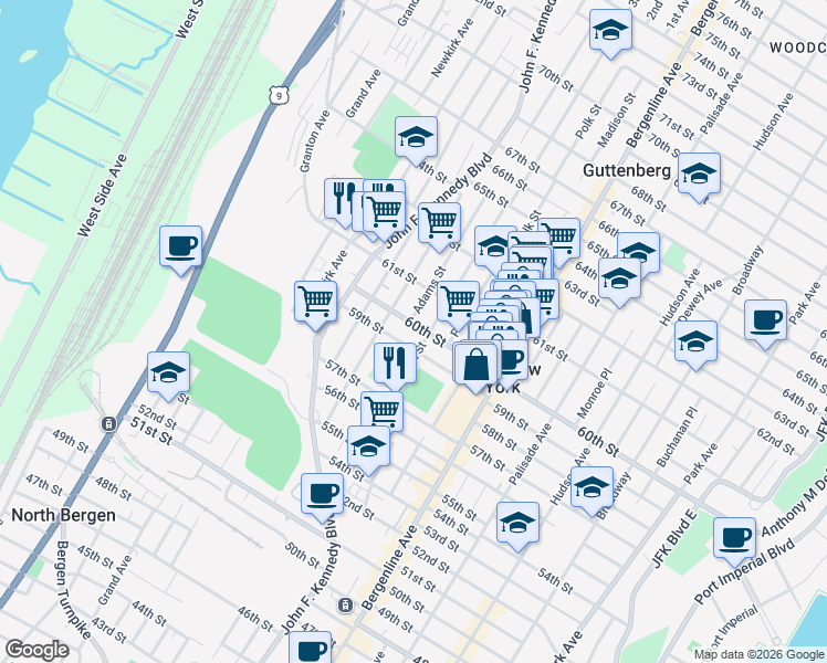 map of restaurants, bars, coffee shops, grocery stores, and more near 6016 Adams Street in West New York