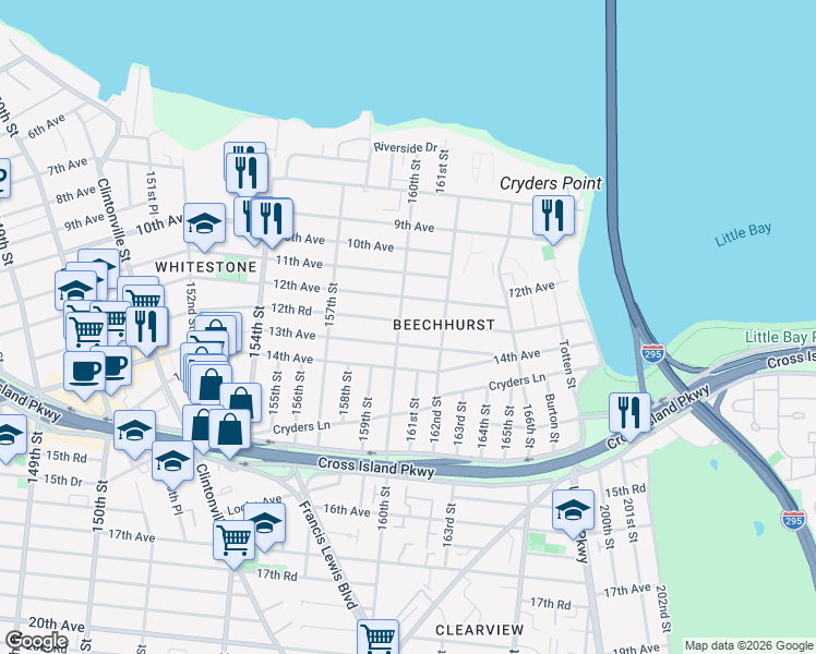 map of restaurants, bars, coffee shops, grocery stores, and more near 1203 160th Street in Queens