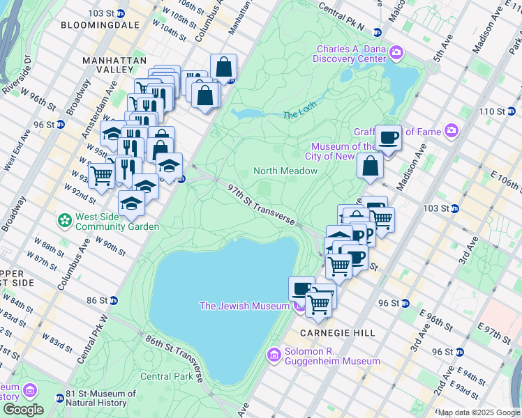 map of restaurants, bars, coffee shops, grocery stores, and more near 97th Street Transverse in New York