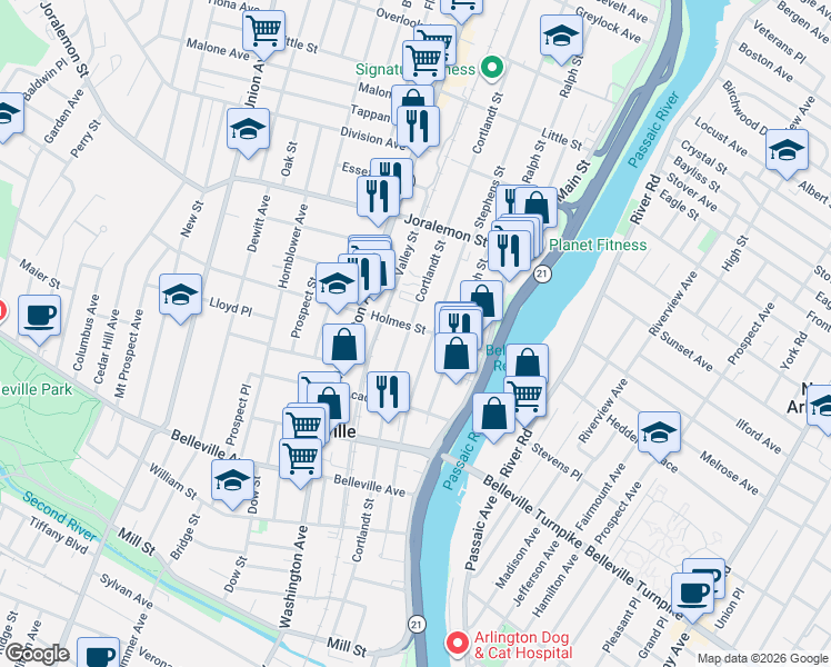 map of restaurants, bars, coffee shops, grocery stores, and more near 295 Cortlandt Street in Belleville