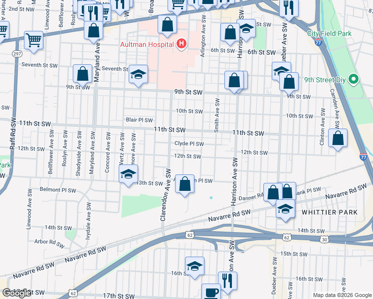 map of restaurants, bars, coffee shops, grocery stores, and more near 2423 Clyde Place Southwest in Canton