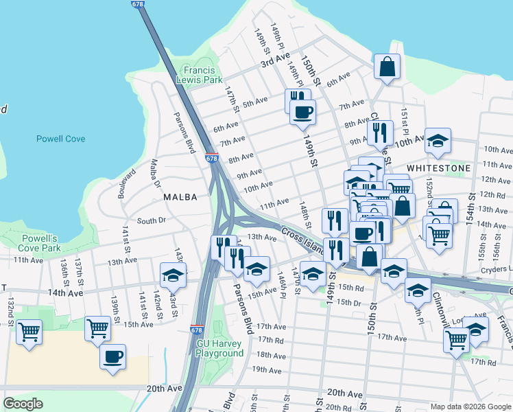 map of restaurants, bars, coffee shops, grocery stores, and more near 145-07 11th Avenue in Queens