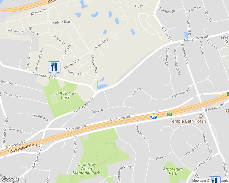 map of restaurants, bars, coffee shops, grocery stores, and more near 258 Half Hollow Road in Dix Hills