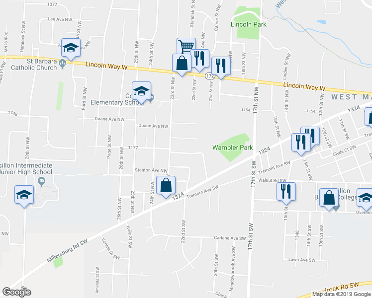 map of restaurants, bars, coffee shops, grocery stores, and more near 2206 Courtland Avenue Northwest in Massillon