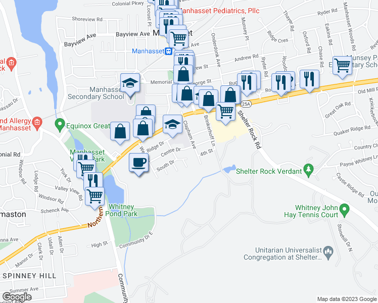 map of restaurants, bars, coffee shops, grocery stores, and more near 84 Centre Drive in Manhasset