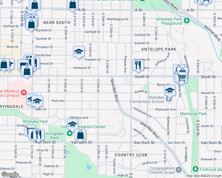 map of restaurants, bars, coffee shops, grocery stores, and more near 2221 Sheridan Boulevard in Lincoln