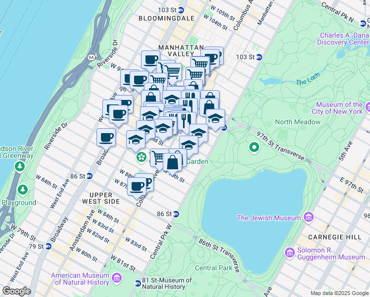 map of restaurants, bars, coffee shops, grocery stores, and more near 52 West 93rd Street in New York