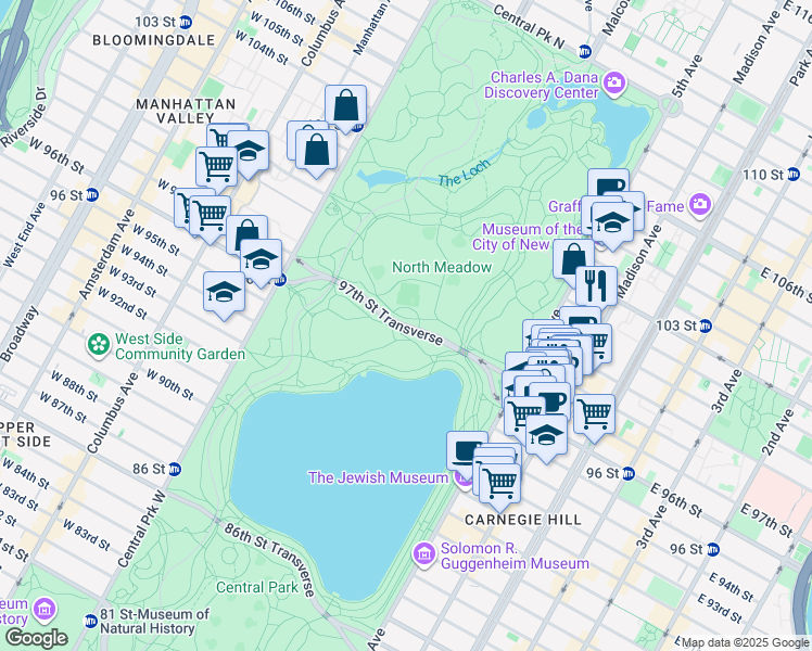 map of restaurants, bars, coffee shops, grocery stores, and more near 151 97th Street Transverse in New York
