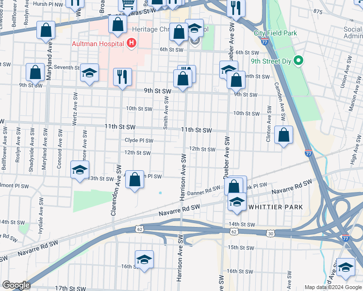 map of restaurants, bars, coffee shops, grocery stores, and more near 1139 Harrison Avenue Southwest in Canton