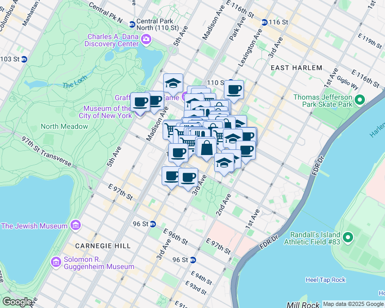 map of restaurants, bars, coffee shops, grocery stores, and more near East 103rd Street in New York