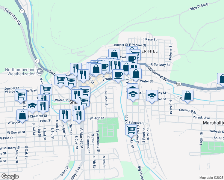 map of restaurants, bars, coffee shops, grocery stores, and more near 136 East Church Street in Shamokin