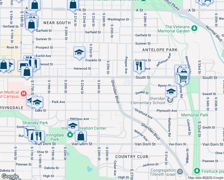 map of restaurants, bars, coffee shops, grocery stores, and more near 2221 Sheridan Boulevard in Lincoln