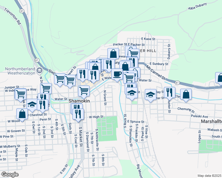 map of restaurants, bars, coffee shops, grocery stores, and more near 136 East Church Street in Shamokin