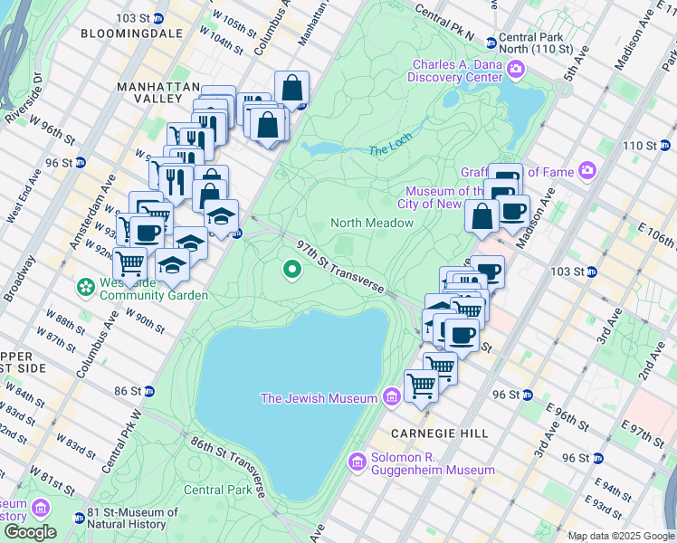 map of restaurants, bars, coffee shops, grocery stores, and more near 97th Street Transverse in New York